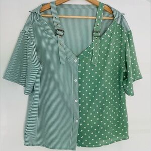 SHEIN Green/White stripped and polka dot bottom down shirt